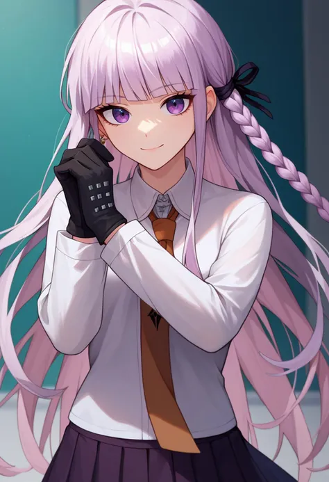 score_9, score_8_up, score_7_up, 1girl, BREAK    Kyoker, silver hair, single side braid,  black gloves, purple skirt, brown necktie, white shirt,  light smile, closed mouth,     <lora:Kyoko Stests-000009:1>