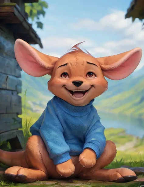 Cute kangaroo in a blue sweater, sitting on the porch, laughing, dynamic pose, [by dagasi|ancesra:0.6], [by foxovh|personalami:0.5], [by einshelm|tom_fischbach],cgi, high detail, best quality, yearling baby Sadness, HDR, high quality, high-definition, 8k wallpaper, intricate details, Full-HD,detailed lighting, cinematic lighting, 
<lora:Roo:1>in a white jacket, He lifts his legs, (a naive view:1)
<lora:sleepy_v100:0.5>