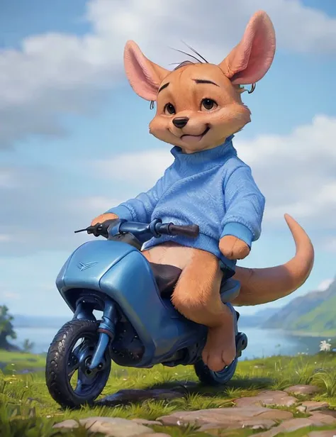 Cute kangaroo in a blue sweatshirt rides a gyro scooter, ear piercing rings, dynamic pose, [by dagasi|ancesra:0.6], [by foxovh|personalami:0.5], [by einshelm|tom_fischbach],cgi, high detail, best quality, yearling baby Sadness, HDR, high quality, high-definition, 8k wallpaper, intricate details, Full-HD,detailed lighting, cinematic lighting, 
<lora:Roo:1>in a white jacket, He lifts his legs, (a naive view:1)
<lora:sleepy_v100:0.5>