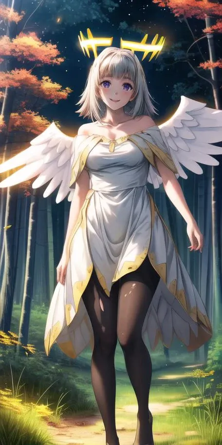 one girl,torn pantyhose, with halo, with wings,full body,happy, in the night forest, with fireflies, masterpiece, medium shot, collarbone, Break,best quality, richly colored theme,high resolution, best resolution, maximum quality, highres, colorful oversized,profesional photo, best image ever seen<lora:Ultimatia1:1.0>