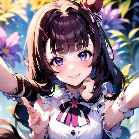 masterpiece, 8k wallpaper, best quality, 1girl, NishinoFlower, <lora:NishinoFlower>, smile, looking at the viewer, blush, (flower at the background), reaching out,