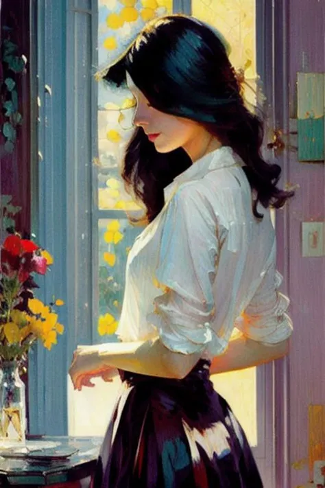 oil painting, 1girl, solo, skirt, black hair, shirt, <lora:oil:0.8>,lantern_floating,in the room,spring,