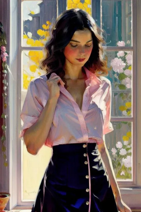 oil painting, 1girl, solo, pink skirt, black hair, shirt, <lora:oil:0.7>,window,