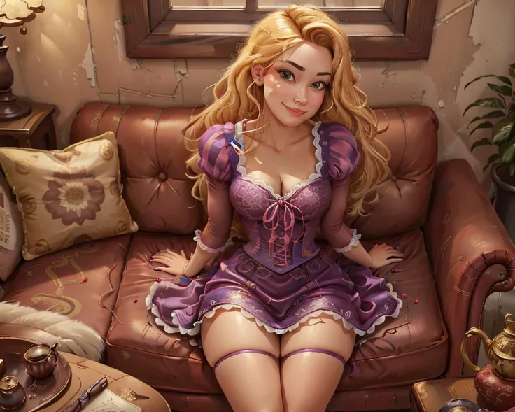 c0uchc4sting, RapunzelWaifu, dress, blonde, <lora:Rapunzel_character:0.7>, sitting on a couch, from above, cleavage, looking at viewer, sexy smile, sexy, indoors, sitting on a couch, thighs, <lora:c0uchc4sting:0.5>, masterpiece, best quality, highly detailed facial features, volumetric lighting, highly detailed environment, digital painting, sharp focus, 16k, hdr, concept art, illustration,