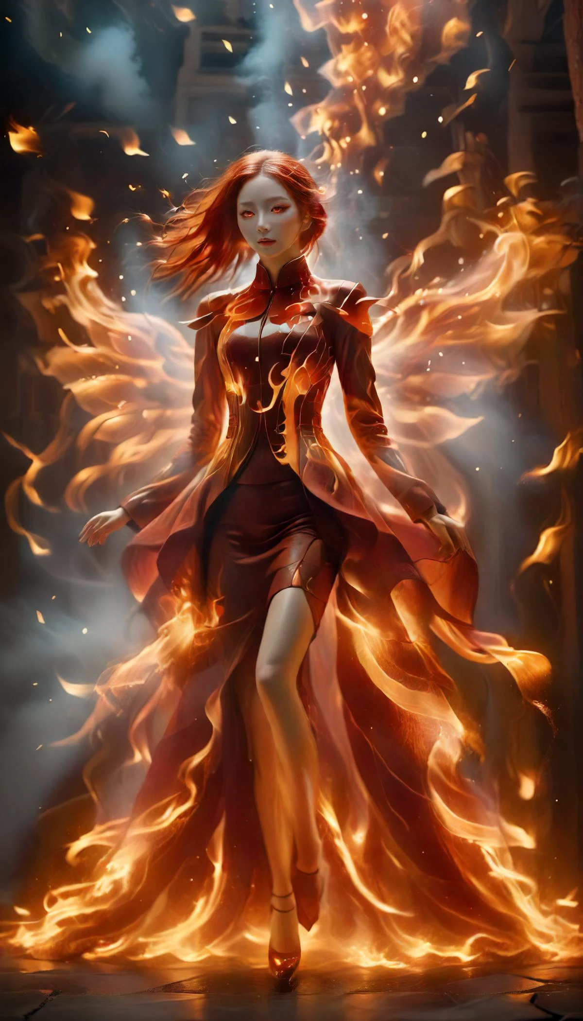 1girl with flames and sparks swirling around her, full body, solo, Beautiful Chinese girl, (very long legs:1.6), (fiery hair:1.5), flame hair, (orange glowing eyes:1.7), floating hair, flame skin,
bailing-traditional opera, (chinese clothes and skirt made of burning fabric composed of fire elements and flame:1.2), sci-fi style, (red facepaint:1.2), facial mark, black red theme, full fire element, (large fiery wings:1.2), (floor of molten rock:1.3),
<lora:pytorch_lora_weights:1>, <lora:xl-shanbailing-1029chinese technology-000003:0.9>, <lora:xl-shanbailing-1003fire:1.5>