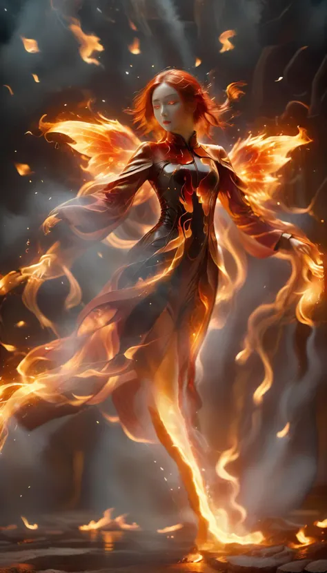 1girl with flames and sparks swirling around her, full body, solo, Beautiful Chinese girl, (very long legs:1.6), (fiery hair:1.5), flame hair, (orange glowing eyes:1.7), floating hair, flame skin, 
bailing-traditional opera, (chinese clothes and skirt made of burning fabric composed of fire elements and flame:1.2), sci-fi style, (red facepaint:1.2), facial mark, black red theme, full fire element, (large fiery wings:1.2), (floor of molten rock:1.3), 
<lora:pytorch_lora_weights:1>, <lora:xl-shanbailing-1029chinese technology-000003:0.9>, <lora:xl-shanbailing-1003fire:1.5>