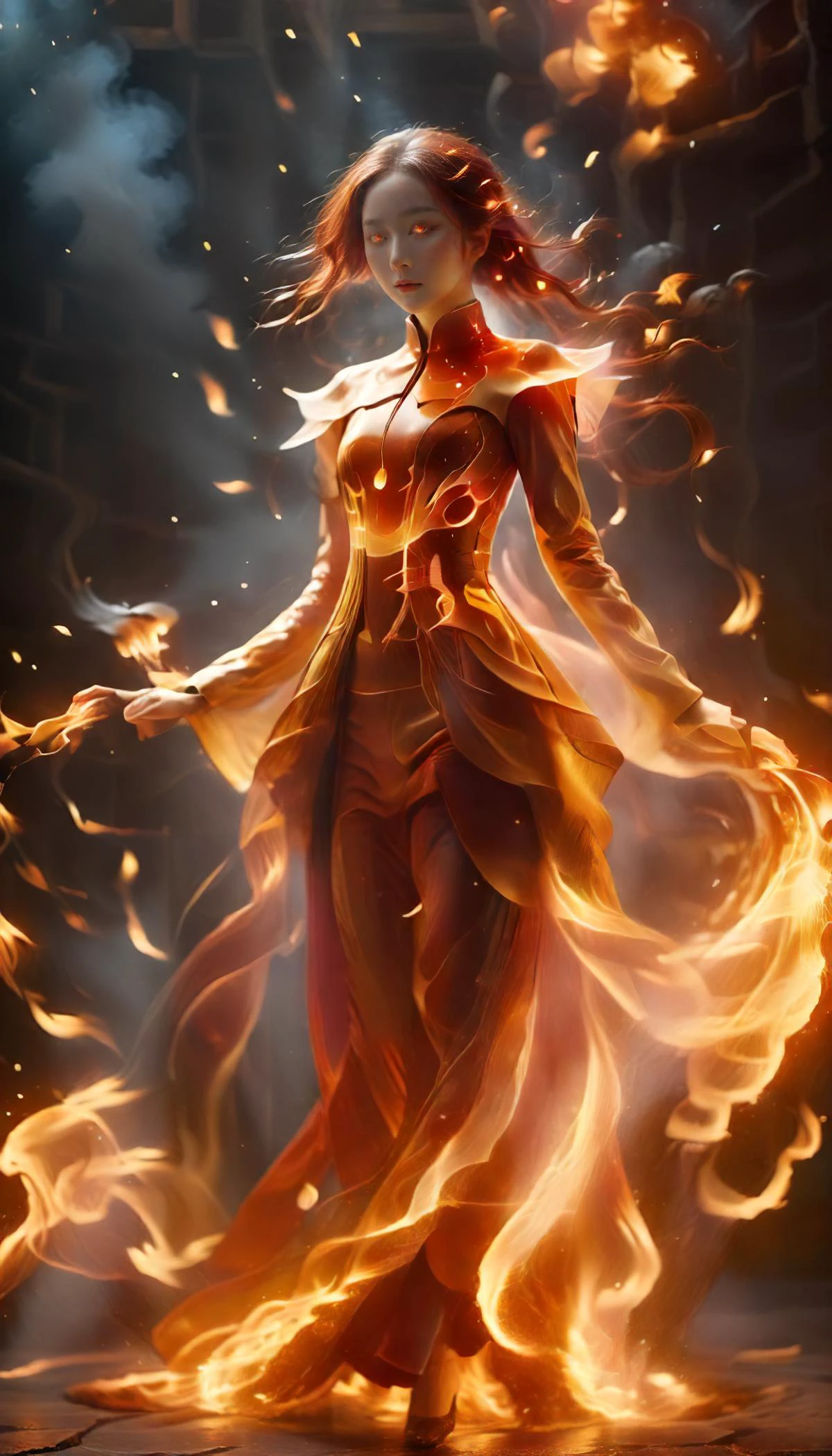 1girl with flames and sparks swirling around her, full body, solo, Beautiful Chinese girl, (very long legs:1.6), (fiery hair:1.5), flame hair, (orange glowing eyes:1.7), floating hair, flame skin,
bailing-traditional opera, (chinese clothes and skirt made of burning fabric composed of fire elements and flame:1.2), sci-fi style, (red facepaint:1.2), facial mark, black red theme, full fire element, (large fiery wings:1.2), (floor of molten rock:1.3),
<lora:pytorch_lora_weights:1>, <lora:xl-shanbailing-1029chinese technology-000003:0.9>, <lora:xl-shanbailing-1003fire:1.5>