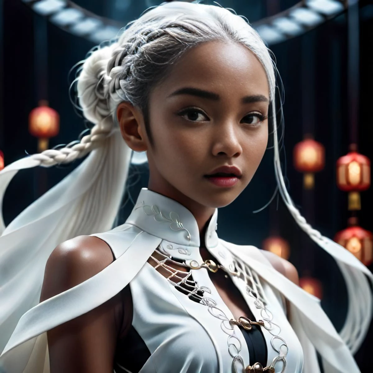 cinematic film still 1girl, naked, (white hair:1.3), (black_skin, black skin:1.9), braided ponytail, <lora:pytorch_lora_weights:1>, Beautiful Chinese girl, <lora:xl-shanbailing-1029chinese technology-000003:1>, bailing-traditional opera, chinese clothes . shallow depth of field, vignette, highly detailed, high budget, bokeh, cinemascope, moody, epic, gorgeous, film grain, grainy
