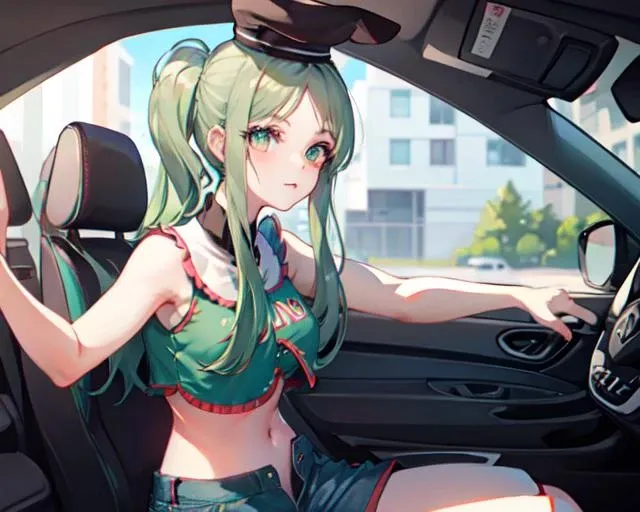 <lora:t_mai_v1:0.95>, teireida_mai, 1girl, solo,
crop top, mini shorts,
driving in car, hat