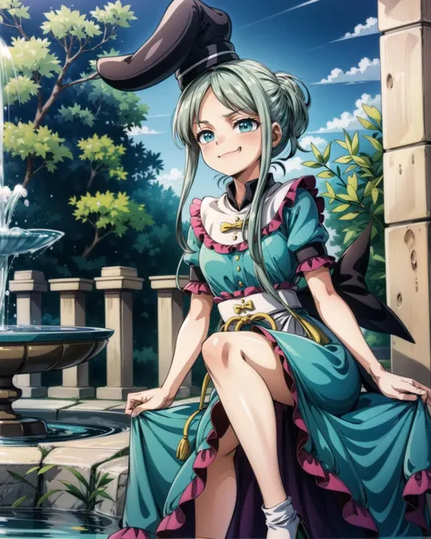 <lora:t_mai_v1:1.0>, teireida_mai, 1girl, solo, dress, hat, smug, fountain, manor, outside, bamboos, <lora:add_detail:1>, masterpiece, best quality