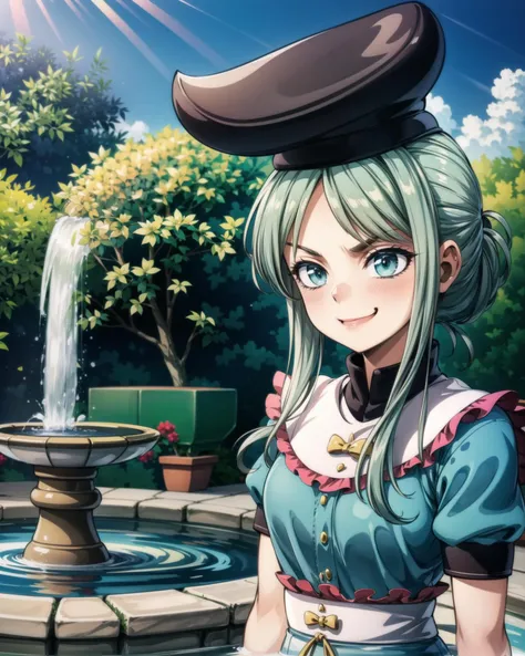 <lora:t_mai_v1:1.0>, teireida_mai, 1girl, solo, dress, hat, smug face, fountain, manor, outside, bamboos, <lora:add_detail:1>, masterpiece, best quality