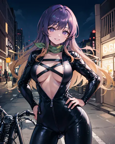 1girl, turbo byakuren,large breasts, <lora:TurboByakurenV1:1>,hand on hip, light smile, ((motorcycle)),outdoors,night,cityscape, neon lights,