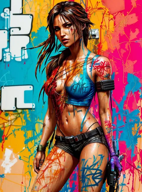 full color painting of standing Lara Croft as cyberpunk (((Graffiti art) (by Carne Griffiths))), red wall background, insane details, intricate details, hyperdetailed, low contrast, soft cinematic light, dim colors, exposure blend, hdr, front
