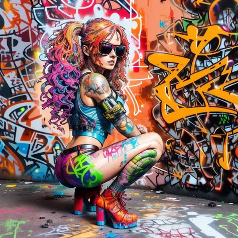 close up, full color painting of squatting cyberpunk girl, sunglasses, high heel shoes, perfect hourglass figure, perfect perky tits, (((Graffiti art) (by Carne Griffiths))), red wall background, insane details, intricate details, hyperdetailed, low contrast, soft cinematic light, dim colors, exposure blend, hdr, front