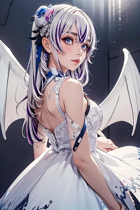 (masterpiece, best quality), 1girl,  <lora:dxl4:0.8> 1 girl, dress, streaked hair, flower, white dress, hair flower, multicolored hair, wings, hair ornament, long hair,