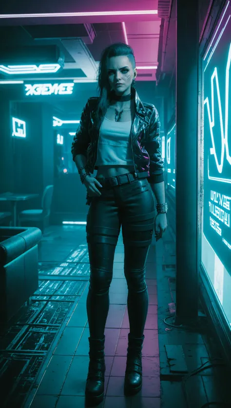 Rogue Amendiares in cyberpunk nightclub, neon lights, Rogue Amendiares wearing jacket white t-shirt leather pants black makeup <lora:RogueV1:0.7>