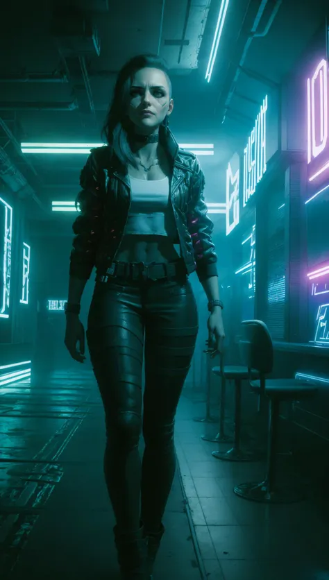 Rogue Amendiares in cyberpunk nightclub, neon lights, smoke haze, Rogue Amendiares wearing jacket white t-shirt leather pants black makeup <lora:RogueV1:0.7>