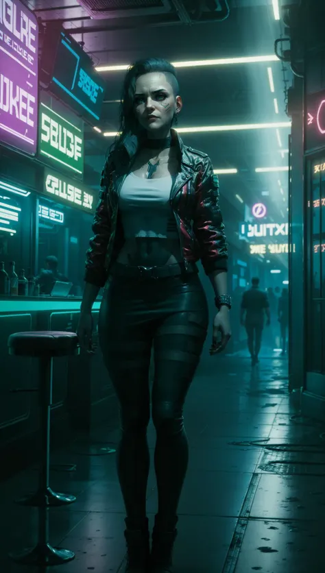 Rogue Amendiares in cyberpunk nightclub, neon lights, smoke haze, Rogue Amendiares wearing jacket white t-shirt leather pants black makeup <lora:RogueV1:0.7>