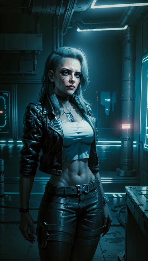 Rogue Amendiares in cyberpunk nightclub, neon lights, Rogue Amendiares wearing jacket white t-shirt leather pants black makeup <lora:RogueV1:0.7>