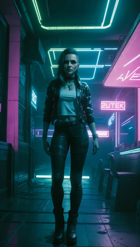 Rogue Amendiares in cyberpunk nightclub, neon lights, Rogue Amendiares wearing jacket white t-shirt leather pants black makeup <lora:RogueV1:0.7>