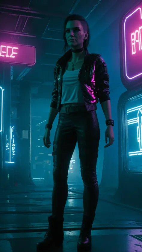 Rogue Amendiares in cyberpunk nightclub, neon lights, smoke haze, Rogue Amendiares wearing jacket white t-shirt leather pants black makeup <lora:RogueV1:0.7>