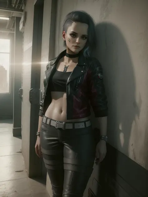 <lora:RogueV1:0.7>, oldAmendiares woman, gray hair, black makeup, chocker, yellow longsleeve top, leather pants, solo, stands with his back to the wall, ((masterpiece)), best illustration, (best quality), ((hyper-detailed)), (photorealistic), ((photorealism quality)), high resolution, film grain, god rays, high detail,photorealistic digital art trending on Artstation, 8k, HD high definition detailed realistic, ultradetailed, intricate detail
