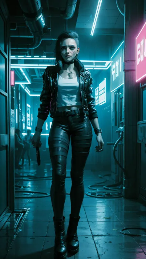 Rogue Amendiares in cyberpunk nightclub, neon lights, smoke haze, Rogue Amendiares wearing jacket white t-shirt leather pants black makeup <lora:RogueV1:0.7>