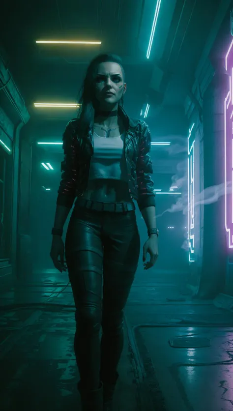 Rogue Amendiares in cyberpunk nightclub, neon lights, smoke haze, Rogue Amendiares wearing jacket white t-shirt leather pants black makeup <lora:RogueV1:0.7>
