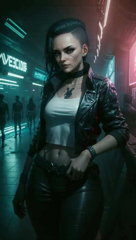 Rogue Amendiares in cyberpunk nightclub, neon lights, smoke haze, Rogue Amendiares wearing jacket white t-shirt leather pants black makeup <lora:RogueV1:0.7>