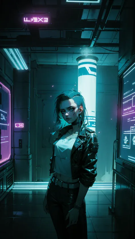 Rogue Amendiares in cyberpunk nightclub, neon lights, smoke haze, Rogue Amendiares wearing jacket white t-shirt leather pants black makeup <lora:RogueV1:0.7>