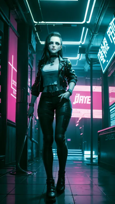 Rogue Amendiares in cyberpunk nightclub, neon lights, Rogue Amendiares wearing jacket white t-shirt leather pants black makeup <lora:RogueV1:0.7>