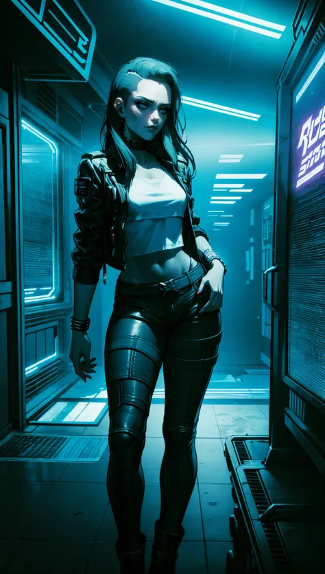 Rogue Amendiares in cyberpunk nightclub, neon lights, smoke haze, Rogue Amendiares wearing jacket white t-shirt leather pants black makeup <lora:RogueV1:0.7>
