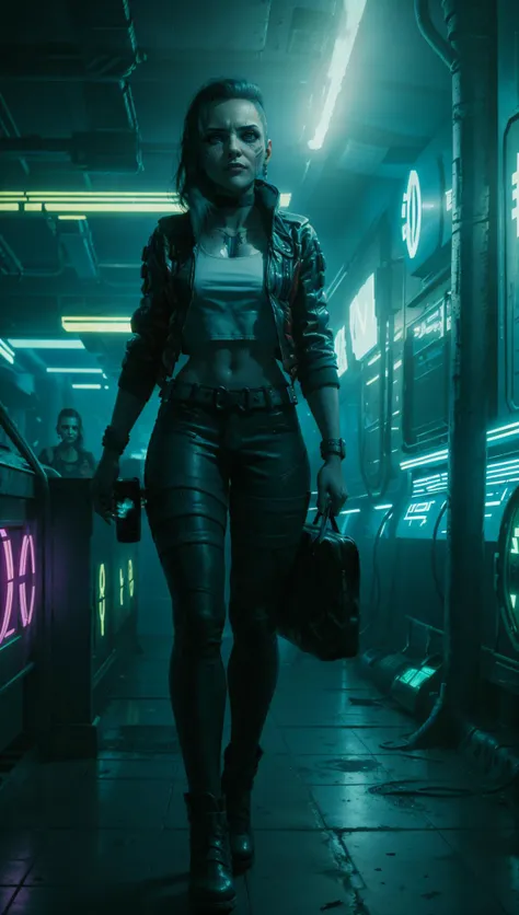 Rogue Amendiares in cyberpunk nightclub, neon lights, smoke haze, Rogue Amendiares wearing jacket white t-shirt leather pants black makeup <lora:RogueV1:0.7>