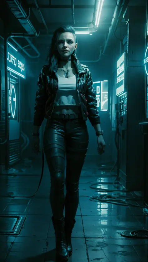 Rogue Amendiares in cyberpunk nightclub, neon lights, smoke haze, Rogue Amendiares wearing jacket white t-shirt leather pants black makeup <lora:RogueV1:0.7>
