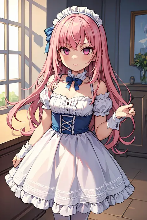(masterpiece, best quality), 1girl, blue and white frill dress, (white stockings), pink hair, cute face, standing, indoor, intricate detail, sunlight,