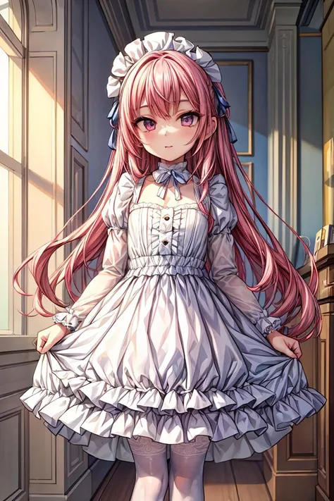 (masterpiece, best quality), 1girl, blue and white frill dress, (white stockings), pink hair, cute face, standing, indoor, intricate detail, sunlight, <lora:add_detail:1>