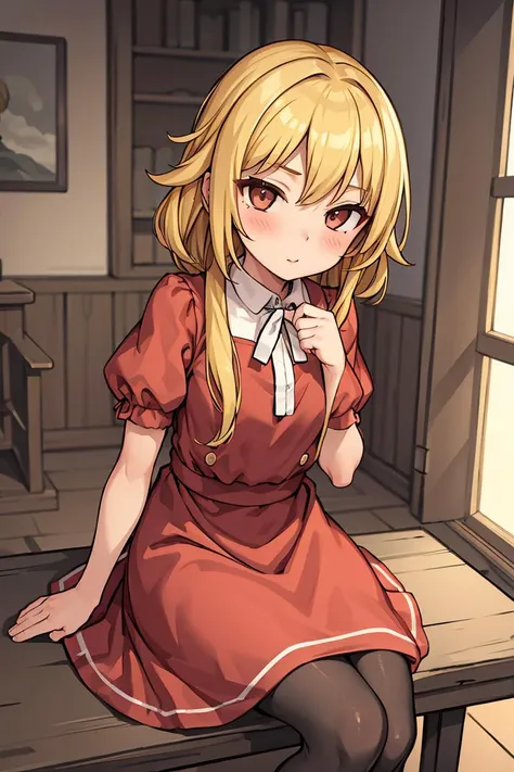 (masterpiece, best quality), 1girl, blonde hair, red dress, pantyhose, cute face, blush,