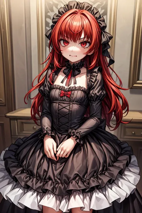 (masterpiece, best quality), 1girl, red hair, medium chest, gothic frill dress, pervert face, <lora:add_detail:1>