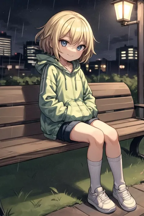 (best quality:1.1),ultra-detailed,high resolution,super detailed skin,beautiful detailed eyes,
(solo:1.2) ,1girl,(chibi:1.1) ,blonde hair,
Rain jacket short shorts,ancle socks sneakers
embarrassed light smile closed mouth,
sitting, on bench spread legs, (hand in pocket:1.3)
outdoors city,night, <lora:add_detail:0.6>