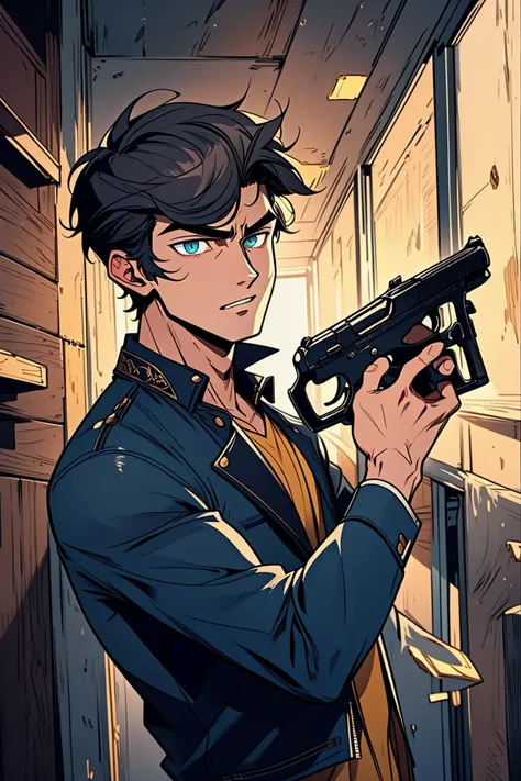 (best quality, masterpiece, Insane Details),Anime style,extremely detailed CG,1boy,slim male,handsome detailed face,solid eyes,detailed hair,contemporary,Crepuscular Ray,holding gun,Firing,Scared,Medium Length Haircut,