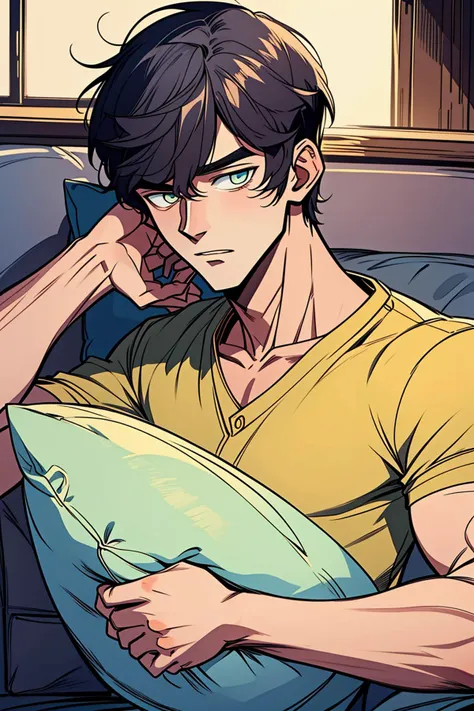 (best quality, masterpiece, Insane Details),Anime style,extremely detailed CG,1boy,slim male,handsome detailed face,solid eyes,detailed hair,contemporary,front lighting,holding_pillow,talking on phone,Sideways Mouth,Asian Bowl Cut,