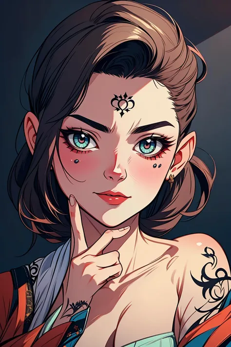 (best quality, masterpiece, Insane Details),extremely detailed CG,1girl,beautiful detailed face,make up,beautiful detailed eyes,beautiful detailed hair,contemporary,Facepalm,Jumping,Middle_Finger,Low key lighting,multi-tied hair,undercut with Tattoos,sidelocks,