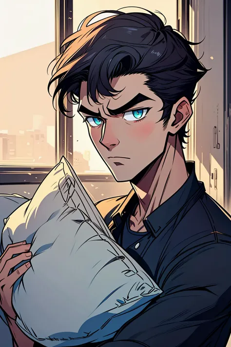 (best quality, masterpiece, Insane Details),Anime style,extremely detailed CG,1boy,slim male,handsome detailed face,solid eyes,detailed hair,contemporary,cold light,holding_pillow,Comforting,Glaring,Buzz Cut,