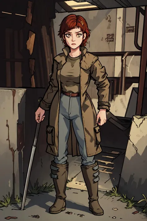 (masterpiece,best quality),Redlucyfnv,1girl,standing,full body,hazel eyes,facing viewer,brown shirt,military,military uniform,uniform,trenchcoat,pants,boots,in underground tunnel,expressionless,brown shirt, <lora:RedLucyFNV-11:0.8>,