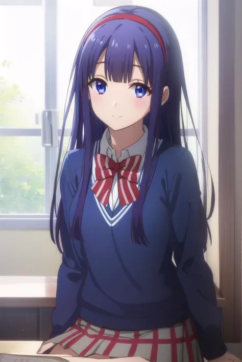 mikotoasuka, <lora:mikoto asuka s1-lora-nochekaiser:1>,
mikoto asuka, long hair, blue eyes, blue hair, hairband, red hairband, smile,
BREAK skirt, bow, school uniform, pleated skirt, bowtie, sweater, plaid, plaid skirt,
BREAK indoors, classroom,
BREAK looking at viewer,
BREAK <lyco:GoodHands-beta2:1>, (masterpiece:1.2), best quality, high resolution, unity 8k wallpaper, (illustration:0.8), (beautiful detailed eyes:1.6), extremely detailed face, perfect lighting, extremely detailed CG, (perfect hands, perfect anatomy),