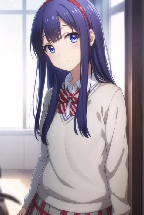 mikotoasuka, <lora:mikoto asuka s1-lora-nochekaiser:1>,
mikoto asuka, long hair, blue eyes, blue hair, hairband, red hairband, smile,
BREAK skirt, bow, school uniform, pleated skirt, bowtie, sweater, plaid, plaid skirt,
BREAK indoors, classroom,
BREAK looking at viewer,
BREAK <lyco:GoodHands-beta2:1>, (masterpiece:1.2), best quality, high resolution, unity 8k wallpaper, (illustration:0.8), (beautiful detailed eyes:1.6), extremely detailed face, perfect lighting, extremely detailed CG, (perfect hands, perfect anatomy),