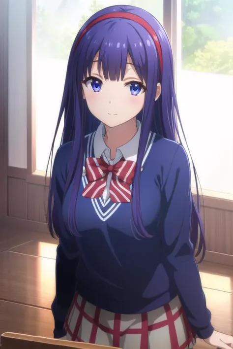 mikotoasuka, <lora:mikoto asuka s1-lora-nochekaiser:1>,
mikoto asuka, long hair, blue eyes, blue hair, hairband, red hairband, smile,
BREAK skirt, bow, school uniform, pleated skirt, bowtie, sweater, plaid, plaid skirt,
BREAK indoors, classroom,
BREAK looking at viewer,
BREAK <lyco:GoodHands-beta2:1>, (masterpiece:1.2), best quality, high resolution, unity 8k wallpaper, (illustration:0.8), (beautiful detailed eyes:1.6), extremely detailed face, perfect lighting, extremely detailed CG, (perfect hands, perfect anatomy),