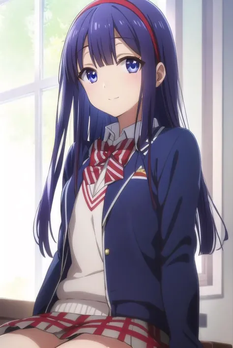 mikotoasuka, <lora:mikoto asuka s1-lora-nochekaiser:1>,
mikoto asuka, long hair, blue eyes, blue hair, hairband, red hairband, smile,
BREAK skirt, bow, school uniform, pleated skirt, bowtie, sweater, plaid, plaid skirt,
BREAK indoors, classroom,
BREAK looking at viewer,
BREAK <lyco:GoodHands-beta2:1>, (masterpiece:1.2), best quality, high resolution, unity 8k wallpaper, (illustration:0.8), (beautiful detailed eyes:1.6), extremely detailed face, perfect lighting, extremely detailed CG, (perfect hands, perfect anatomy),
