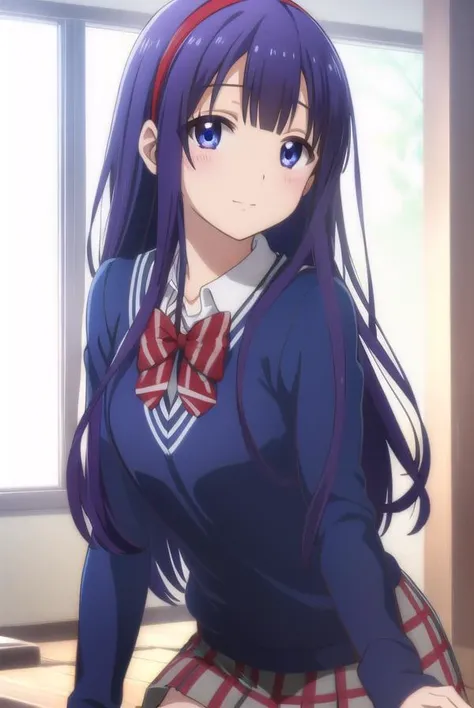 mikotoasuka, <lora:mikoto asuka s1-lora-nochekaiser:1>,
mikoto asuka, long hair, blue eyes, blue hair, hairband, red hairband, smile,
BREAK skirt, bow, school uniform, pleated skirt, bowtie, sweater, plaid, plaid skirt,
BREAK indoors, classroom,
BREAK looking at viewer,
BREAK <lyco:GoodHands-beta2:1>, (masterpiece:1.2), best quality, high resolution, unity 8k wallpaper, (illustration:0.8), (beautiful detailed eyes:1.6), extremely detailed face, perfect lighting, extremely detailed CG, (perfect hands, perfect anatomy),