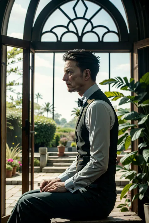 ((ultra detailed, masterpiece, absurdres))
<lora:DPCurator:0.8>
DPCurator, 1boy, short hair, blue eyes, looking at viewer, Vintage Botanical Garden with Elegant Archways, sitting_side_profile_right